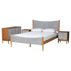 Baxton Studio Taylin Mid-Century Grey Corduroy and Oak Brown Wood Queen 4-Piece Bedroom Set with Two Nightstands